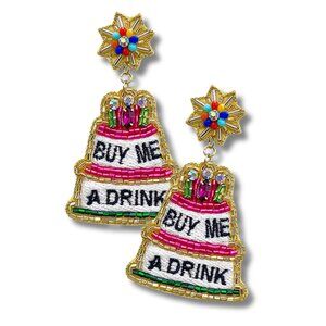 BUY ME A DRINK HAPPY BIRTHDAY Layer Cake Celebration Beaded Rhinestone Earrings